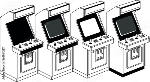 Isometric black and white line art vector illustration of a row of classic vintage arcade game machines for gaming room.