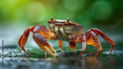 Wallpaper Mural Sharp Macro Photography of a Small Land Crab Standing on a Wet Surface with Detailed Claws and Soft Green Natural Bokeh Background Torontodigital.ca