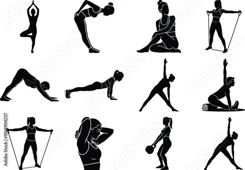 Multiple yoga and fitness postures in black silhouette