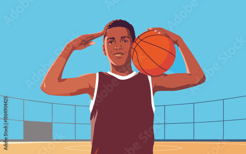 A young athlete stands confidently on a basketball court holding a ball and saluting, set against a clear blue sky.