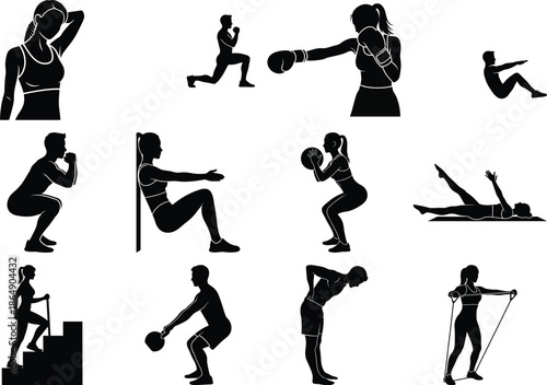 Black silhouette of people performing various exercises and fitness activities