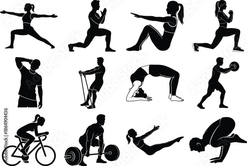 Set of black silhouettes depicting people engaging in different fitness exercises