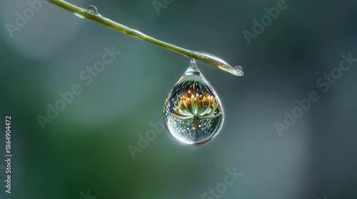 Wallpaper Mural Artistic Macro Closeup of a Hanging Water Droplet Reflecting a Flower on a Thin Grass Stem with Soft Green Gray Bokeh Background Torontodigital.ca