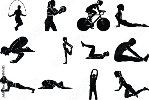 Black silhouettes of people doing various physical activities and exercises