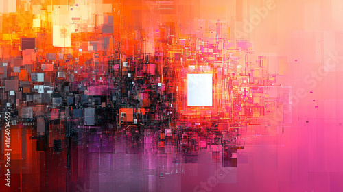 Abstract futuristic digital city background made of colorful pixelated data blocks and geometric squares with pink, orange and purple gradients, big data and artificial intelligence visualization, mod