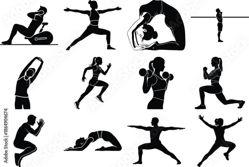 Collection of various fitness and exercise poses in black silhouette