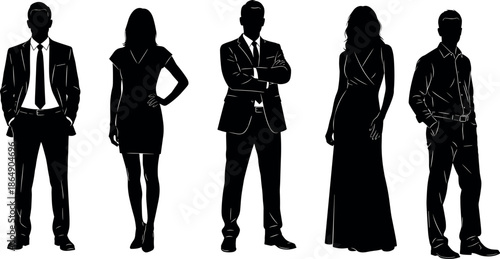 Professional business people silhouettes collection featuring men in suits and women in formal dresses isolated on white background vector illustration