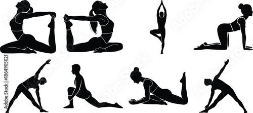 Diverse yoga poses in black silhouette on for mindfulness and meditation