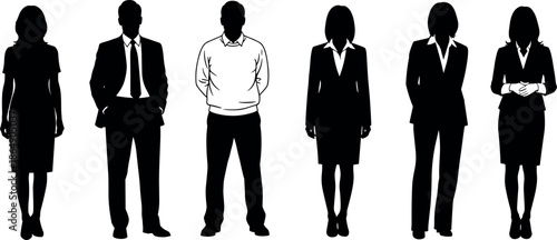 Professional Business Team Silhouette Set Featuring Diverse Male and Female Corporate Personnel in Formal Office Attire for Modern Workplace Concepts