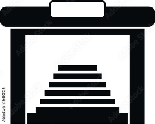Black and white icon showing steps rising inside a building opening