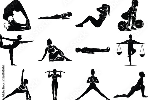 Assorted yoga and fitness exercises in black silhouette on for healthy lifestyle