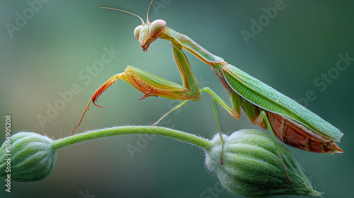 Wallpaper Mural Artistic Macro Closeup of a Green Praying Mantis Posing on a Curved Plant Stem with Soft Pastel Background and Shallow Depth of Field Torontodigital.ca