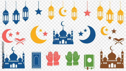 Ramadan icons set with mosque lanterns and symbols