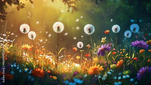 A vibrant meadow featuring glowing dandelions and colorful flowers 