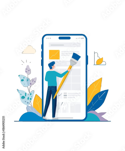 Male developer creatively customizes mobile application interface design elements using a large paintbrush tool for digital customization and visual refinement.