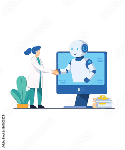 Female medical professional establishing a positive digital handshake agreement with an advanced smiling robot avatar displayed on a computer monitor screen.