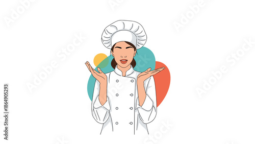 Illustration of a female chef in a professional uniform and toque gesturing with open hands against a colorful abstract background, isolated on white.