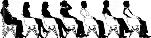 Row of silhouettes sitting in modern chairs representing a diverse group of business people in a waiting room or seminar.
