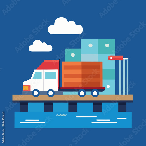 freight truck moving toward dock, minimal icon set