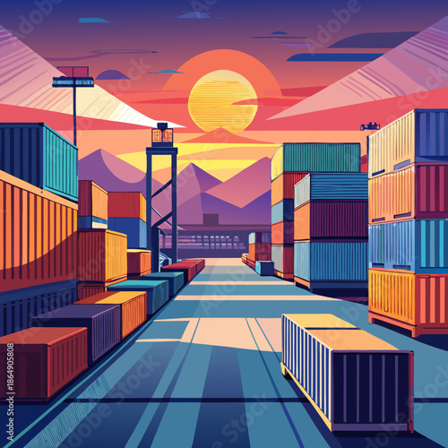 container yard under sunrise gradient