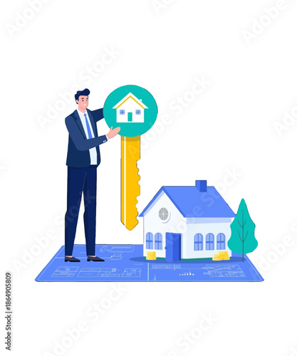 Real estate professional proudly presenting the key to a newly constructed house situated upon architectural blueprints symbolizing property investment success.