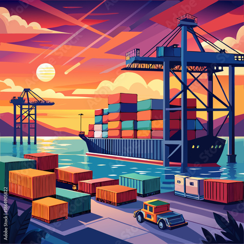 dockside illustration with container crane and sunset sky