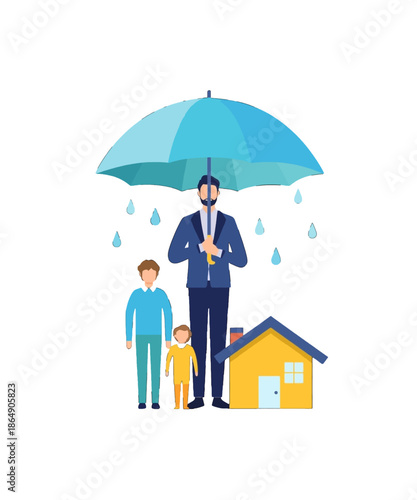 An insurance agent holds a large blue umbrella over a family and small yellow house protecting them from falling raindrops.