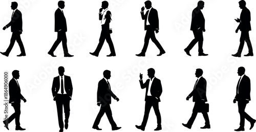 Set of professional businessman silhouettes walking and posing in formal suits for corporate office work, business communication, and management concepts.