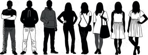 Silhouettes of diverse men and women in casual clothing, hoodies, summer dresses, and accessories, standing in a line for fashion.