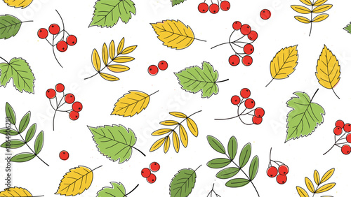 Seamless autumn pattern with hand-drawn rowan berries and colorful leaves on a white background, featuring a charming decorative stitched outline effect.