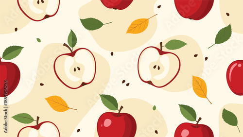 Seamless pattern with fresh red apples, apple slices, and leaves on a light background, creating a healthy and fruity design for textiles or wallpaper.
