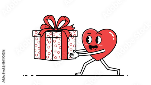Cute retro cartoon heart character with a happy face running to deliver a large gift box with a red ribbon, symbolizing love and giving.