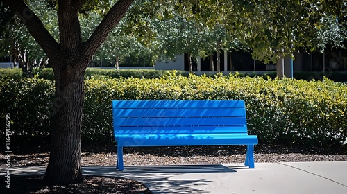 A vibrant park bench painted in bright blue, placed under a tree in a sunny park 