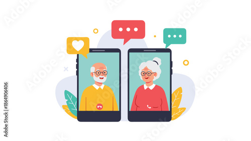 Elderly couple connecting through a video call on their smartphones, illustrating how seniors use technology to communicate with family and loved ones.