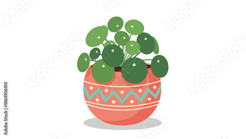 Illustration of a healthy Pilea peperomioides, or Chinese money plant, in a decorative patterned terracotta pot, isolated on a white background.