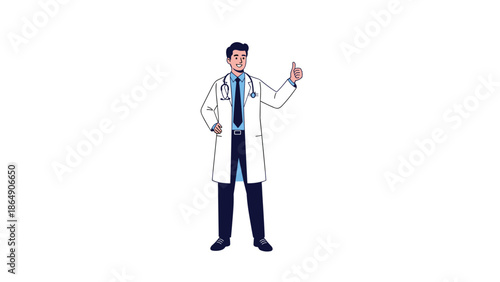 Friendly male doctor in a white lab coat and stethoscope standing and giving a thumbs up gesture, isolated on a white background.