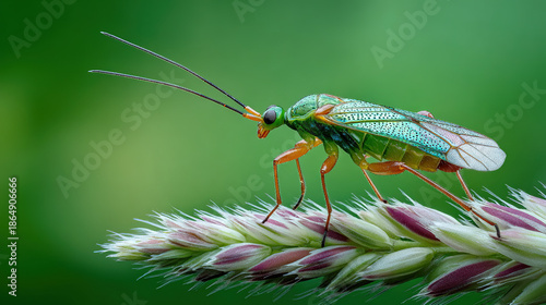 Wallpaper Mural High Detail Macro Photography of a Green Plant Bug Perched on a Grass Flower Spike with Long Antennae and Smooth Natural Green Background Torontodigital.ca