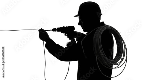 Worker Silhouette with Drill and Cable on White Background
