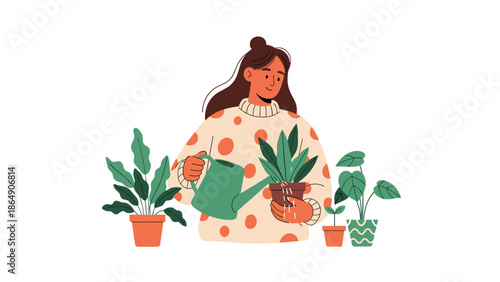 Young woman in a cozy sweater tending to her houseplants, holding one pot and watering it with a green watering can, illustrating a relaxing hobby.