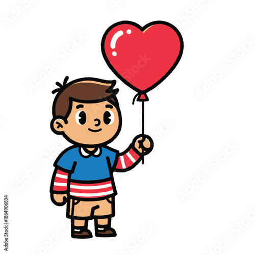 Happy cartoon boy holding red heart shaped balloon