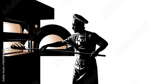 Baker putting bread into a traditional brick oven vector illustration