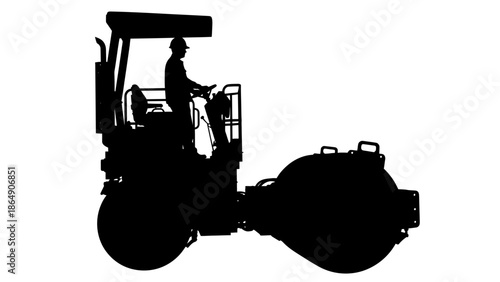 Road Roller Compactor with Operator Silhouette Vector