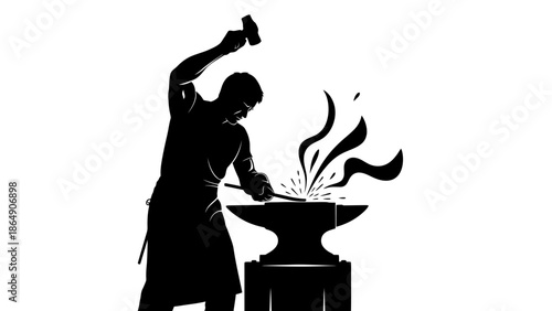  Blacksmith working on anvil silhouette with sparks