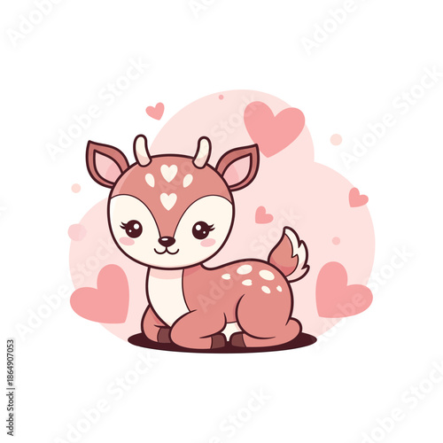 Adorable pink deer with hearts, cute cartoon illustration