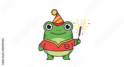 Happy party frog cartoon celebrating with sparkler and party hat in cheerful illustration.
