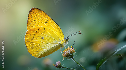 Wallpaper Mural Generated AI Macro Image of a Yellow Butterfly Feeding on a Small Wild Flower with Soft Green Bokeh Background Torontodigital.ca