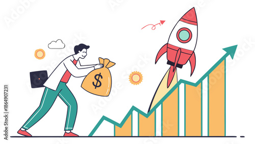 Man with money bag launching rocket on growth chart.