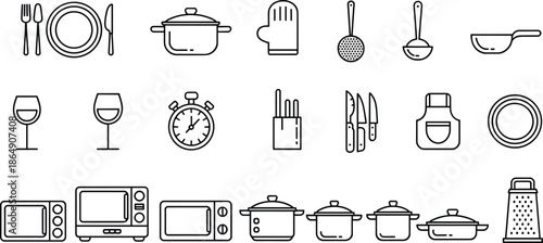 Black and white kitchen utensil and cookware icon set with plates pots appliances, minimalist line art vector collection