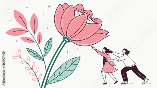 Two people pushing a large pink flower upwards with effort.