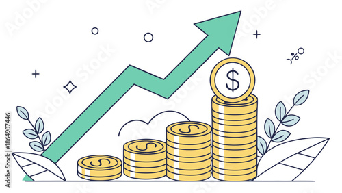 Financial growth represented by rising stacks of coins and an upward trending arrow.